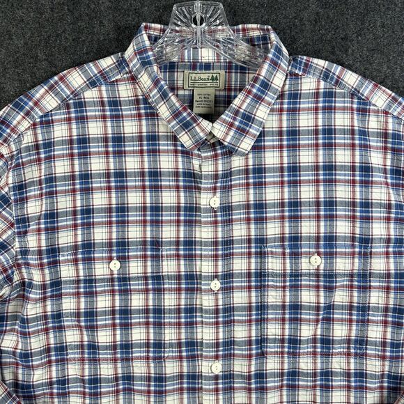 LL Bean Shirt Men’s Extra Large Red White Blue Plaid Pockets Casual Button Down - Picture 2 of 8